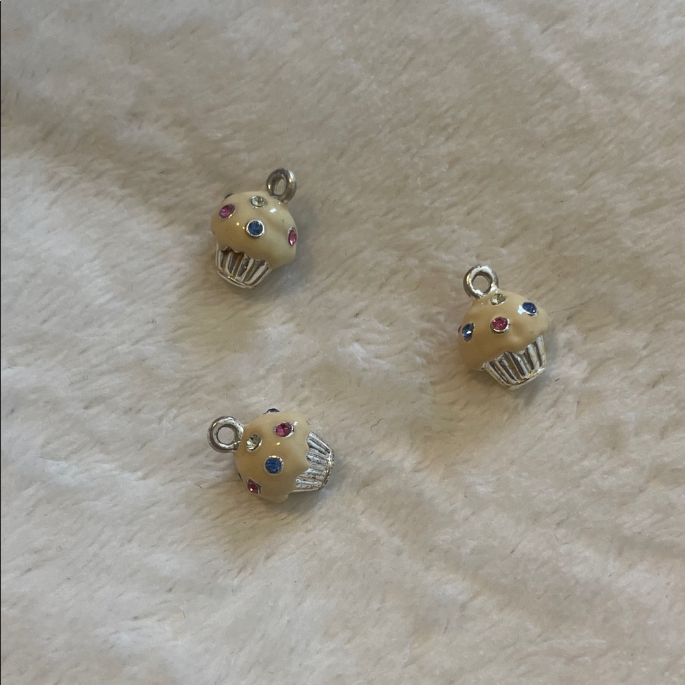 Cupcake Charm Pendant Trio - Cream with Pink & Blue Rhinestones